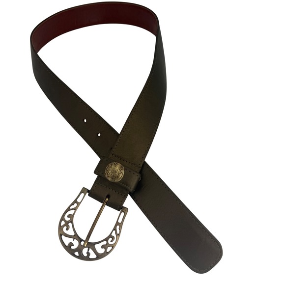 Alden Howard Olive Green Leather Belt Filigree Buckle Boho Western USA LG women